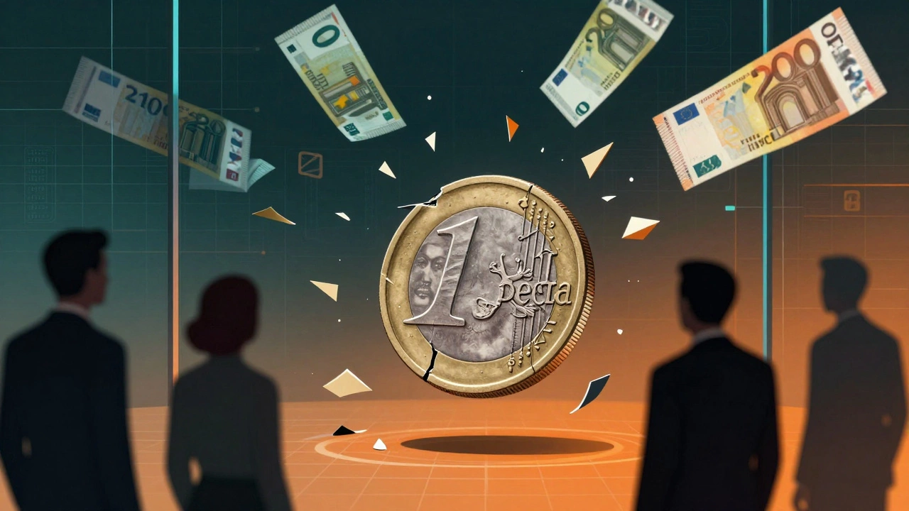 A broken euro coin splitting into national currencies amid digital and shadowy figures.