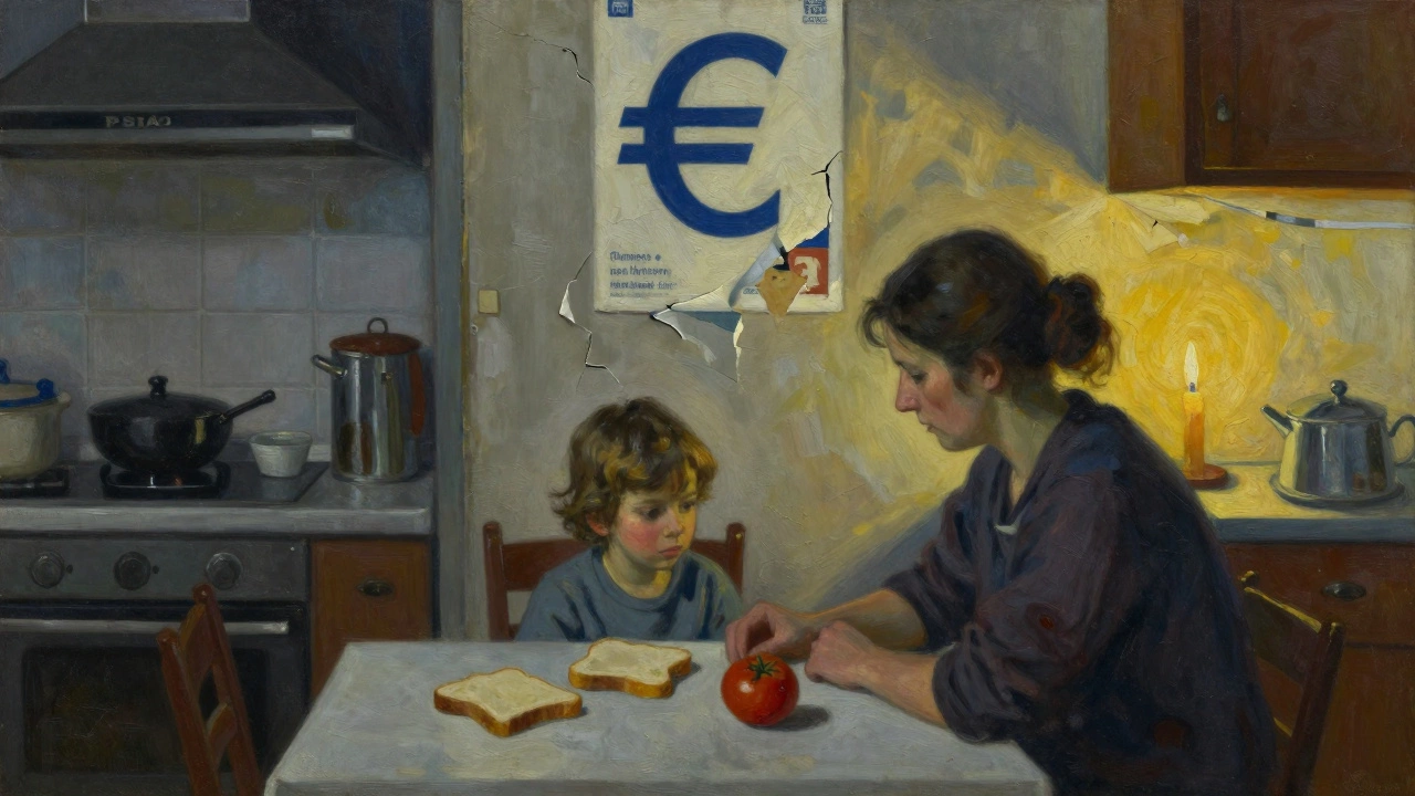 A mother and child sharing a meager meal in a dim kitchen with a peeling euro poster.
