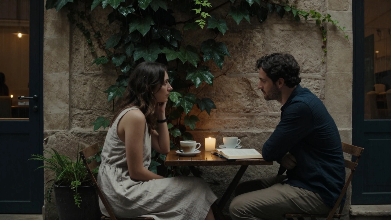 A woman and man sit in a quiet Parisian courtyard café, sharing coffee and silence at twilight.